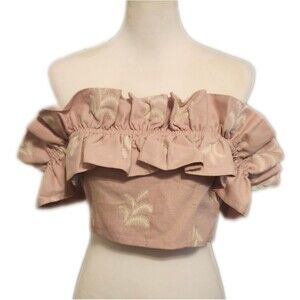 Zara Off-Shoulder Ruffle Top in Light Pink, Cream Embroidery, Small